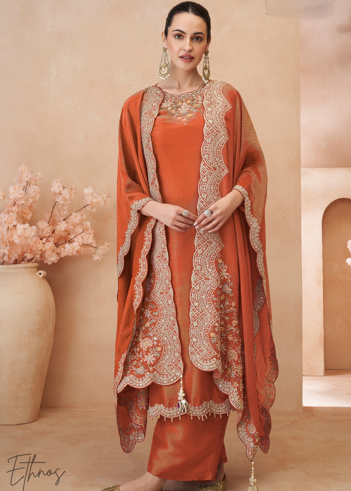 Rust Orange Simar Silk Kaftaan Plazzo Suit
