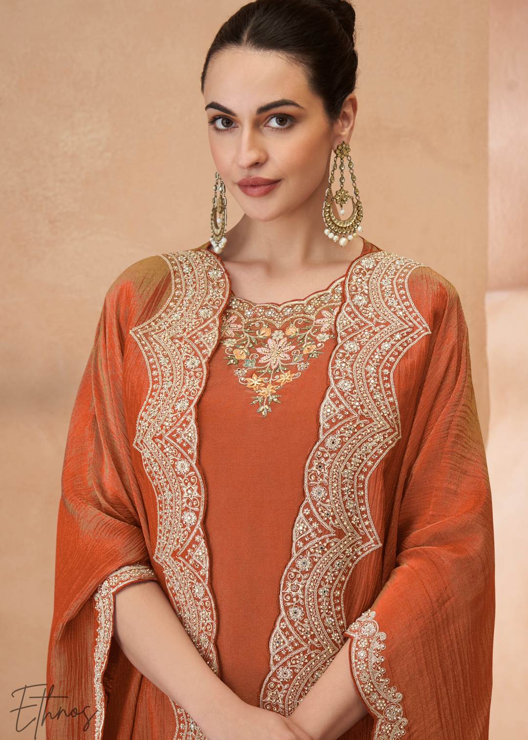 Rust Orange Simar Silk Kaftaan Plazzo Suit