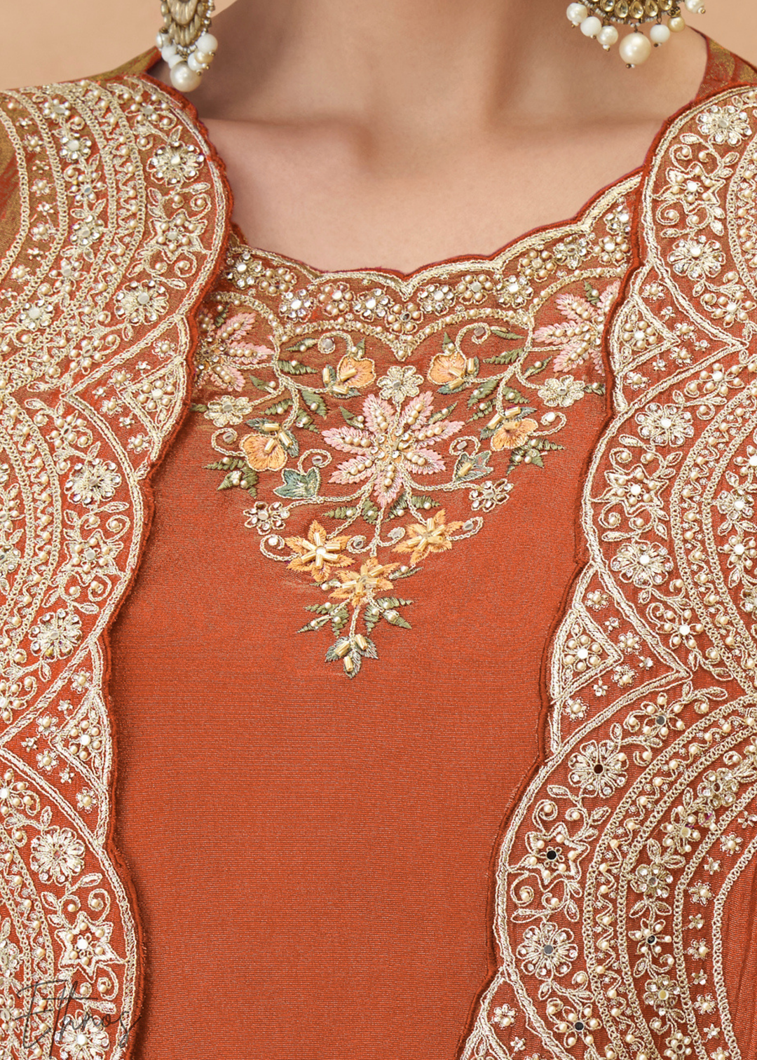 Rust Orange Simar Silk Kaftaan Plazzo Suit