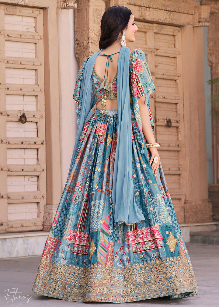 Sky Blue Printed Embroidered Chinon Silk Lehenga