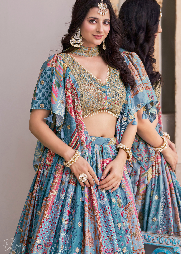 Sky Blue Printed Embroidered Chinon Silk Lehenga