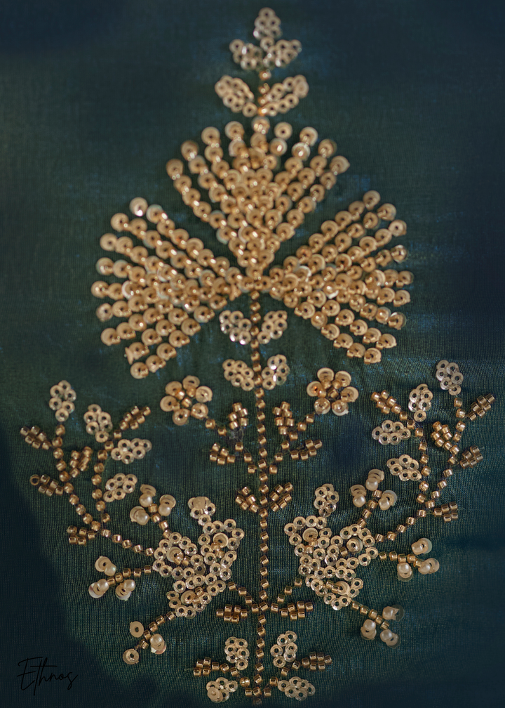 Teal Green Sequins Organza Saree