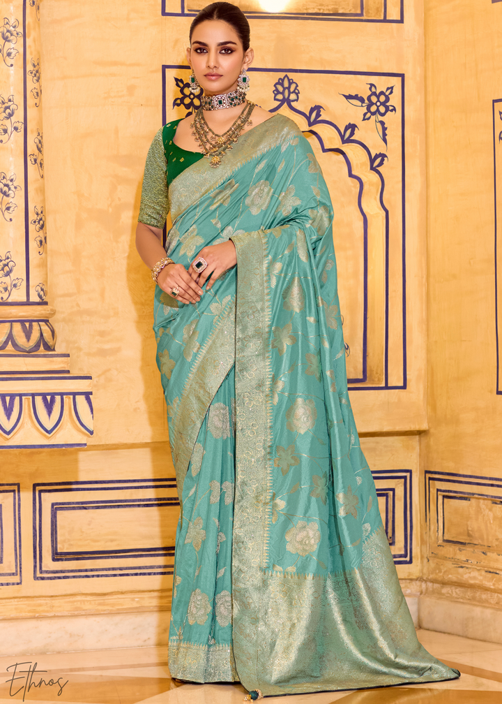 Teal Green Zari Crepe Silk Saree