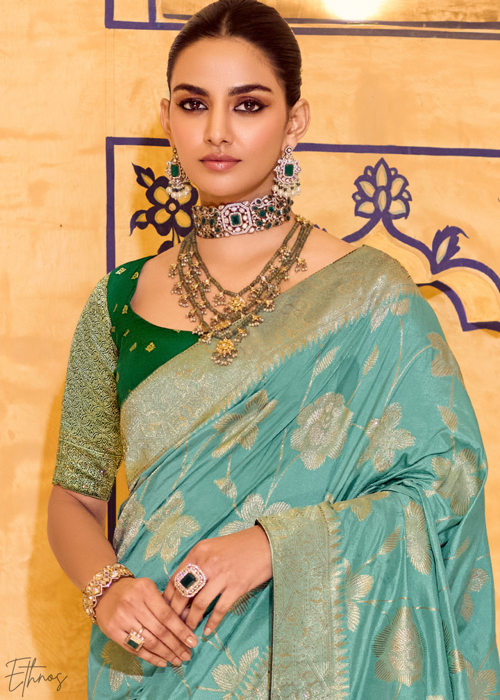 Teal Green Zari Crepe Silk Saree