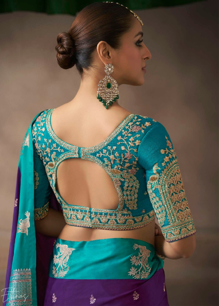 Teal & Purple Satin Silk Saree