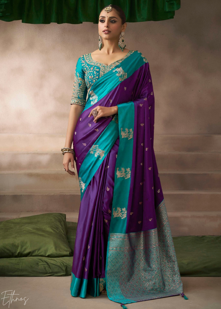 Teal & Purple Satin Silk Saree