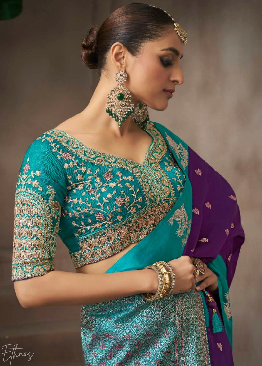 Teal & Purple Satin Silk Saree