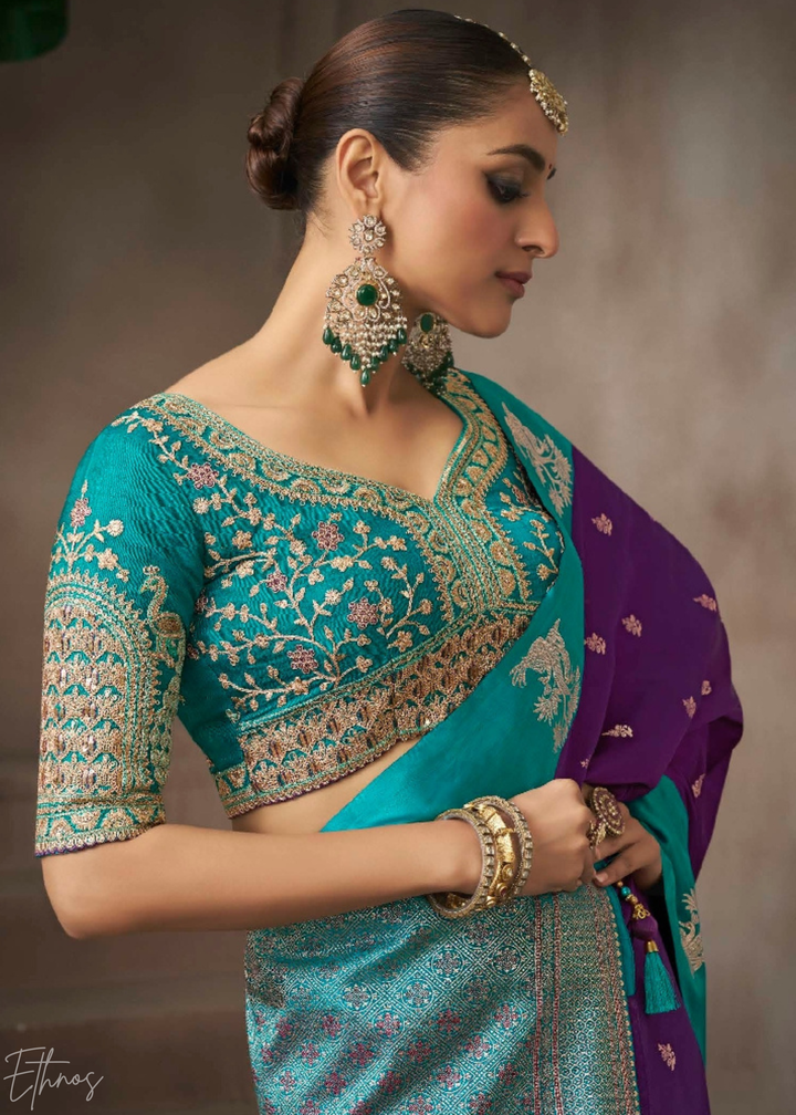 Teal & Purple Satin Silk Saree