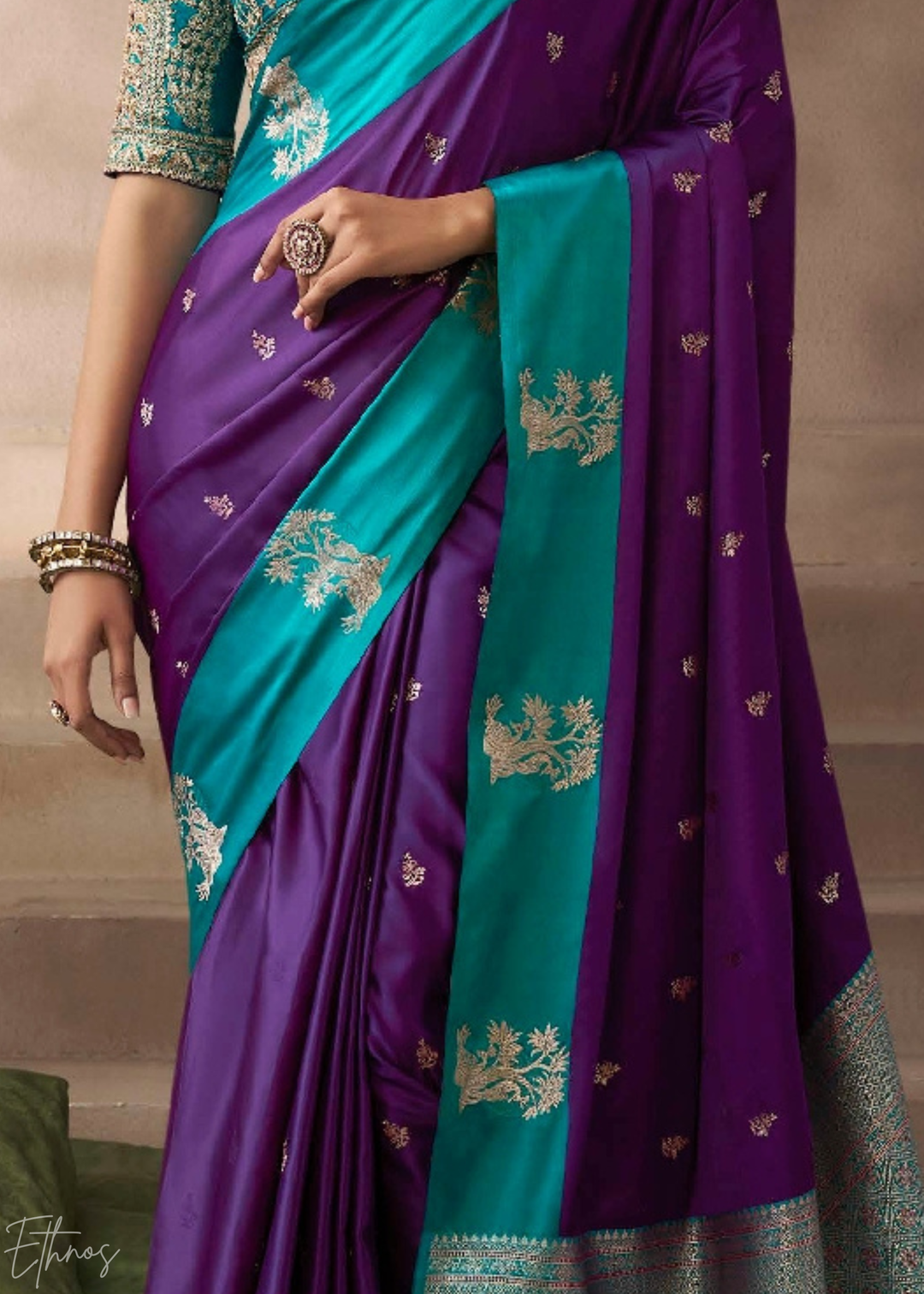 Teal & Purple Satin Silk Saree