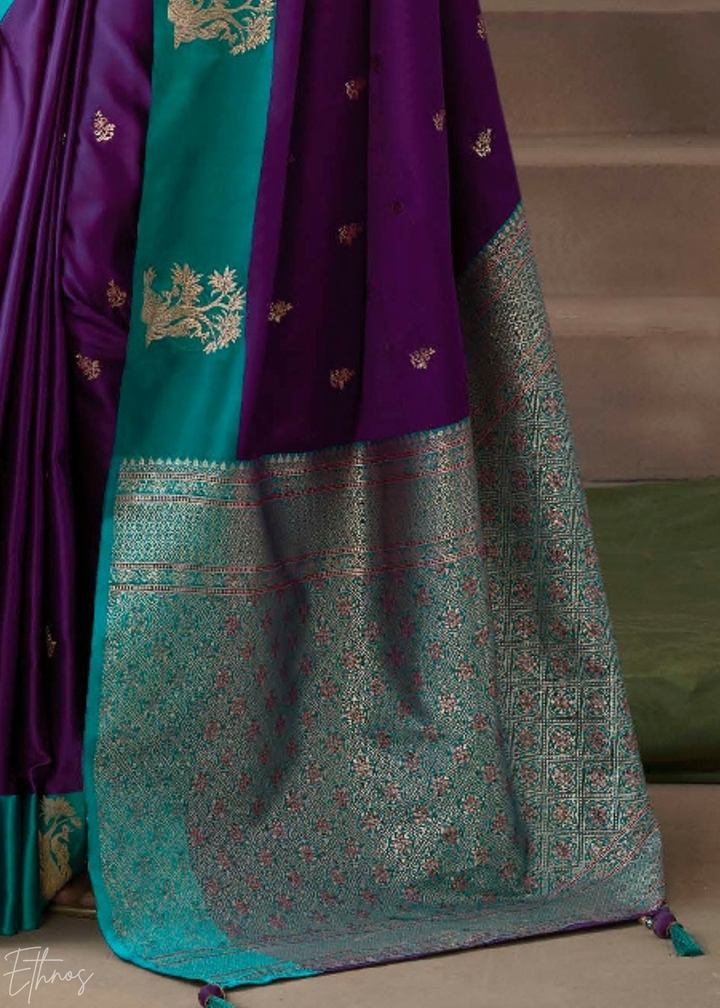Teal & Purple Satin Silk Saree