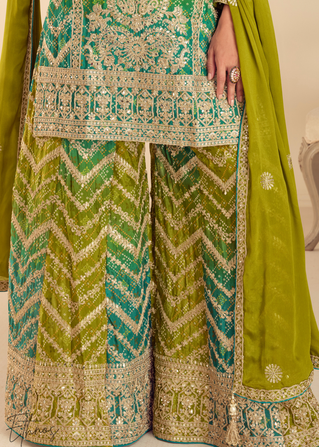 Vibrant Green Chinon Palazzo Salwar Suit