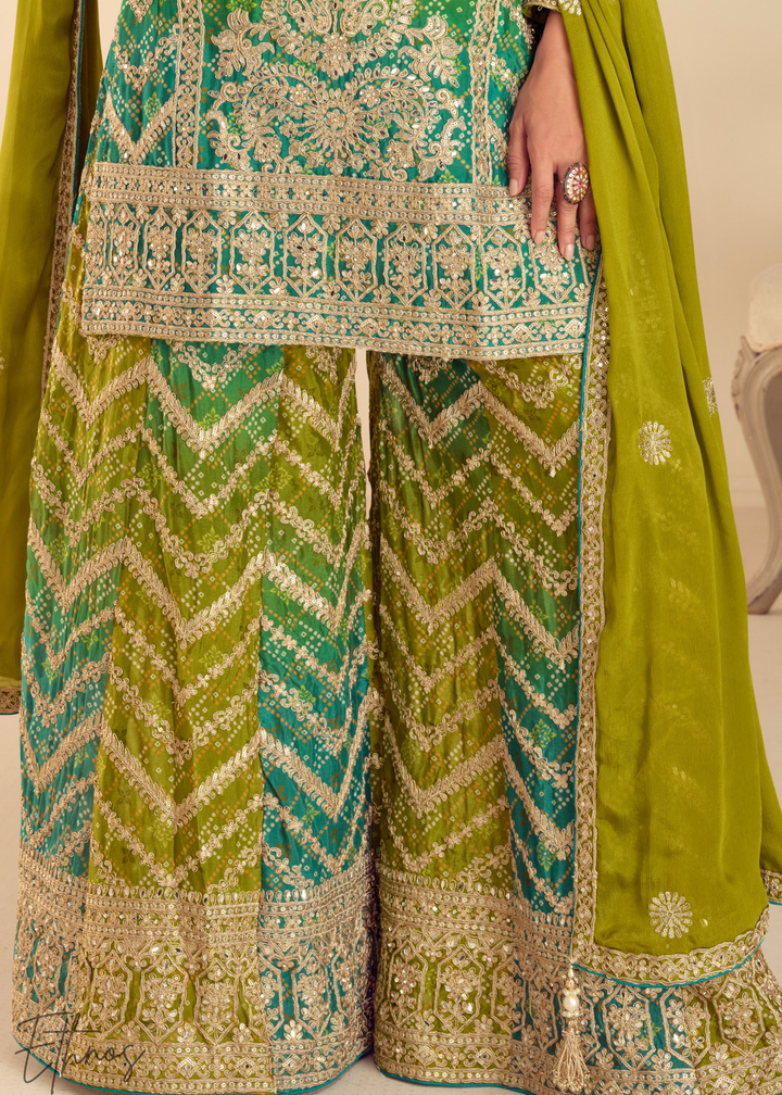Vibrant Green Chinon Palazzo Salwar Suit
