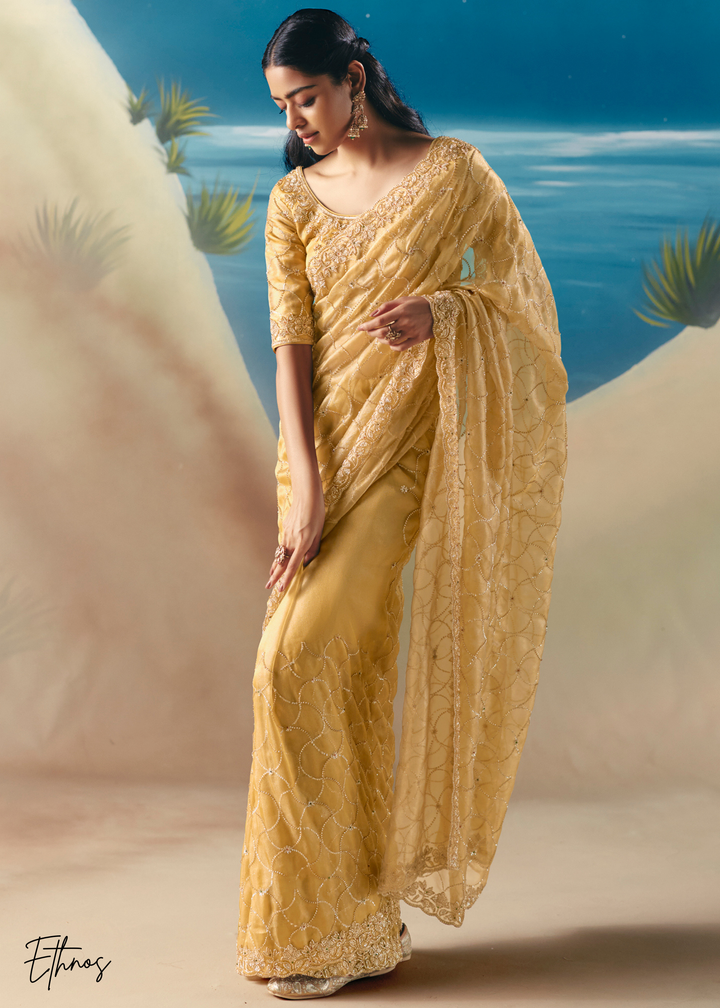 Vibrant Yellow Sequins Organza Saree