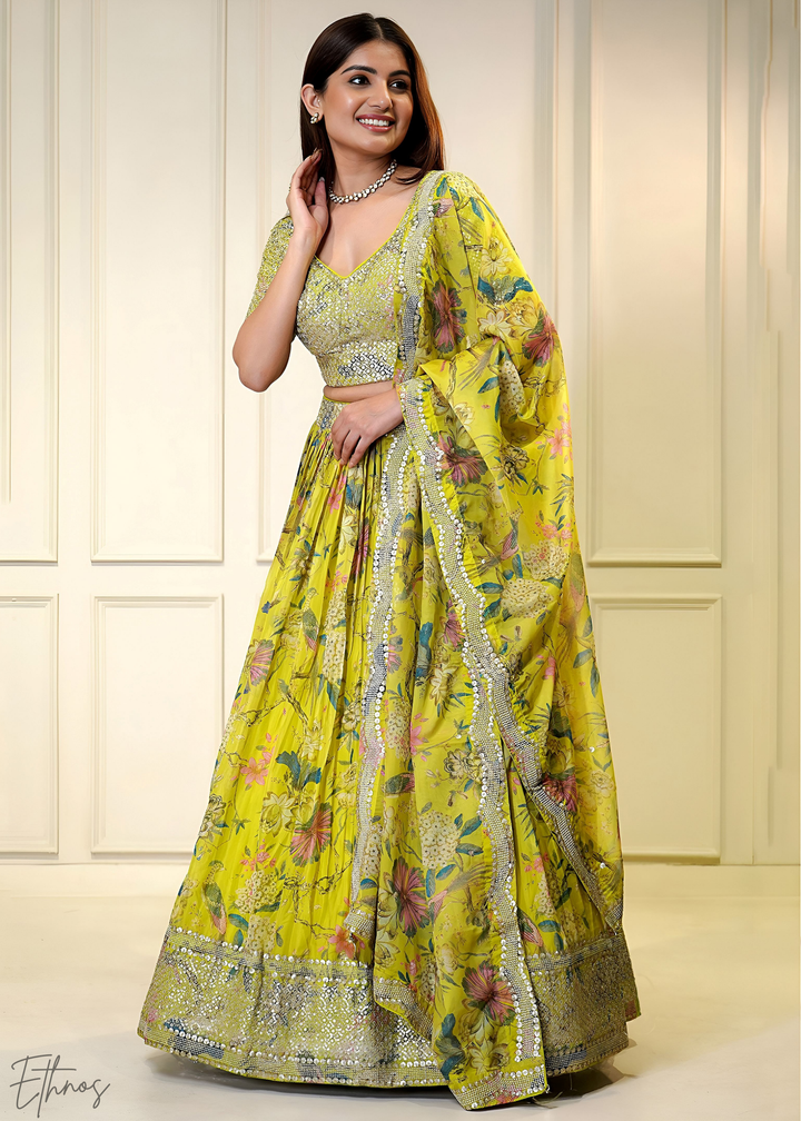 Yellow Botanical Bloom Organza Lehenga