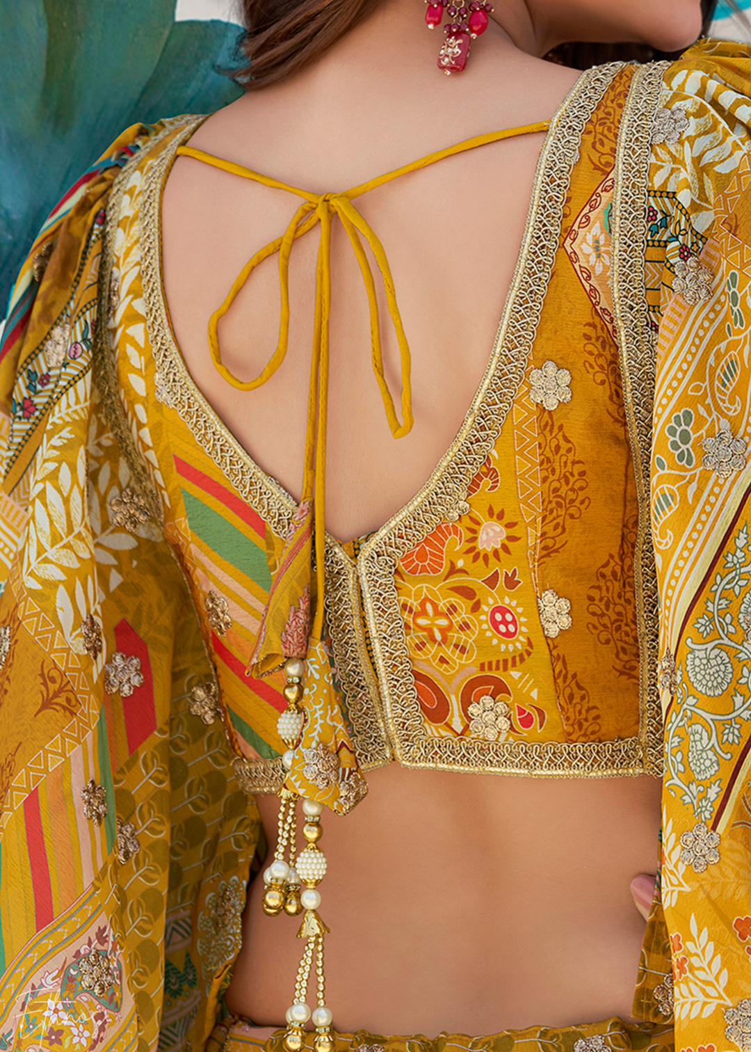 Yellow Printed Embroidered Chinon Silk Lehenga