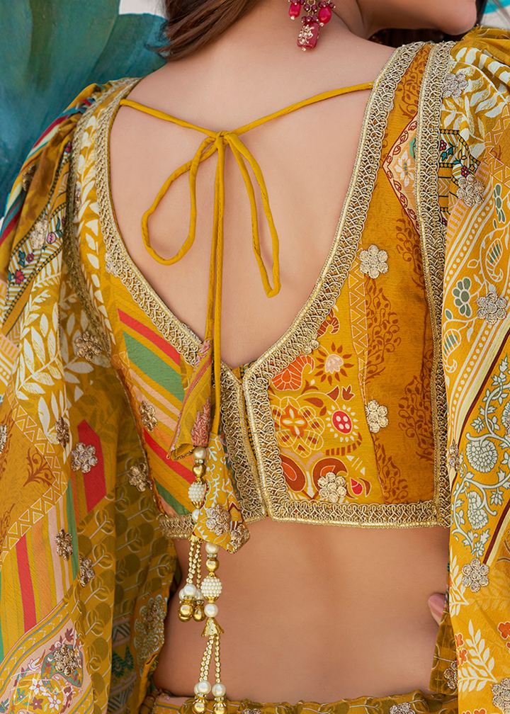 Yellow Printed Embroidered Chinon Silk Lehenga