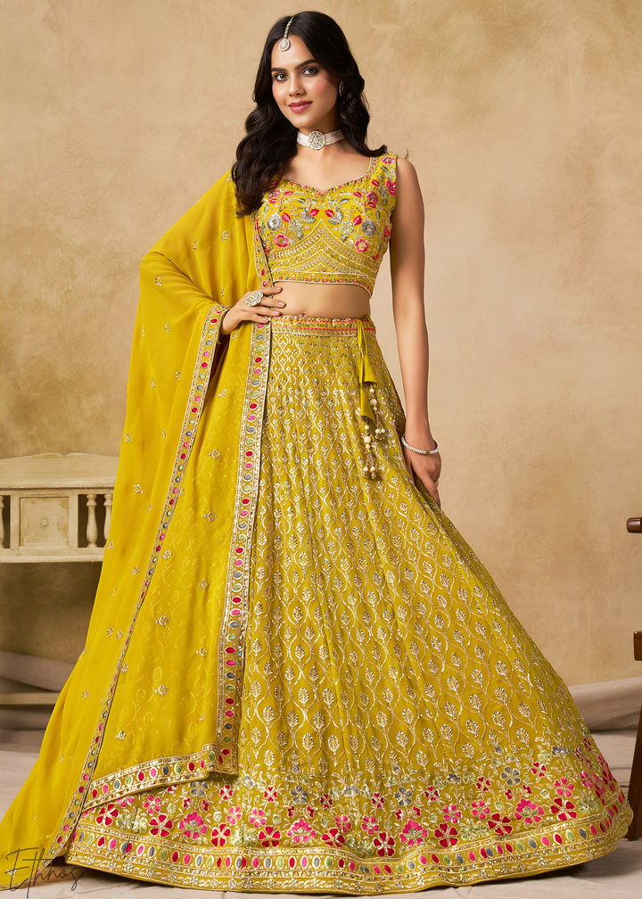 Yellow Sequins Embroidered Georgette Lehenga