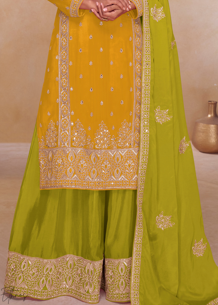 Mustard Yellow & Lime Green Chinon  Plazzo Salwar Suit
