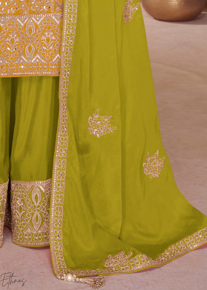 Mustard Yellow & Lime Green Chinon  Plazzo Salwar Suit