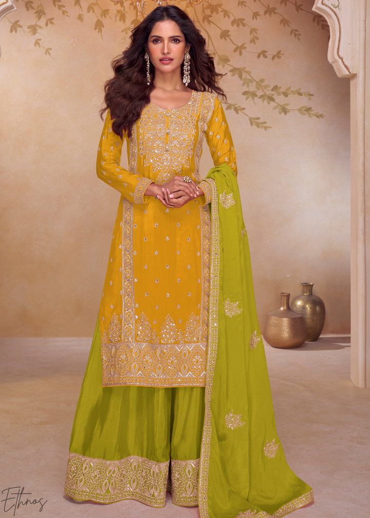 Mustard Yellow & Lime Green Chinon  Plazzo Salwar Suit