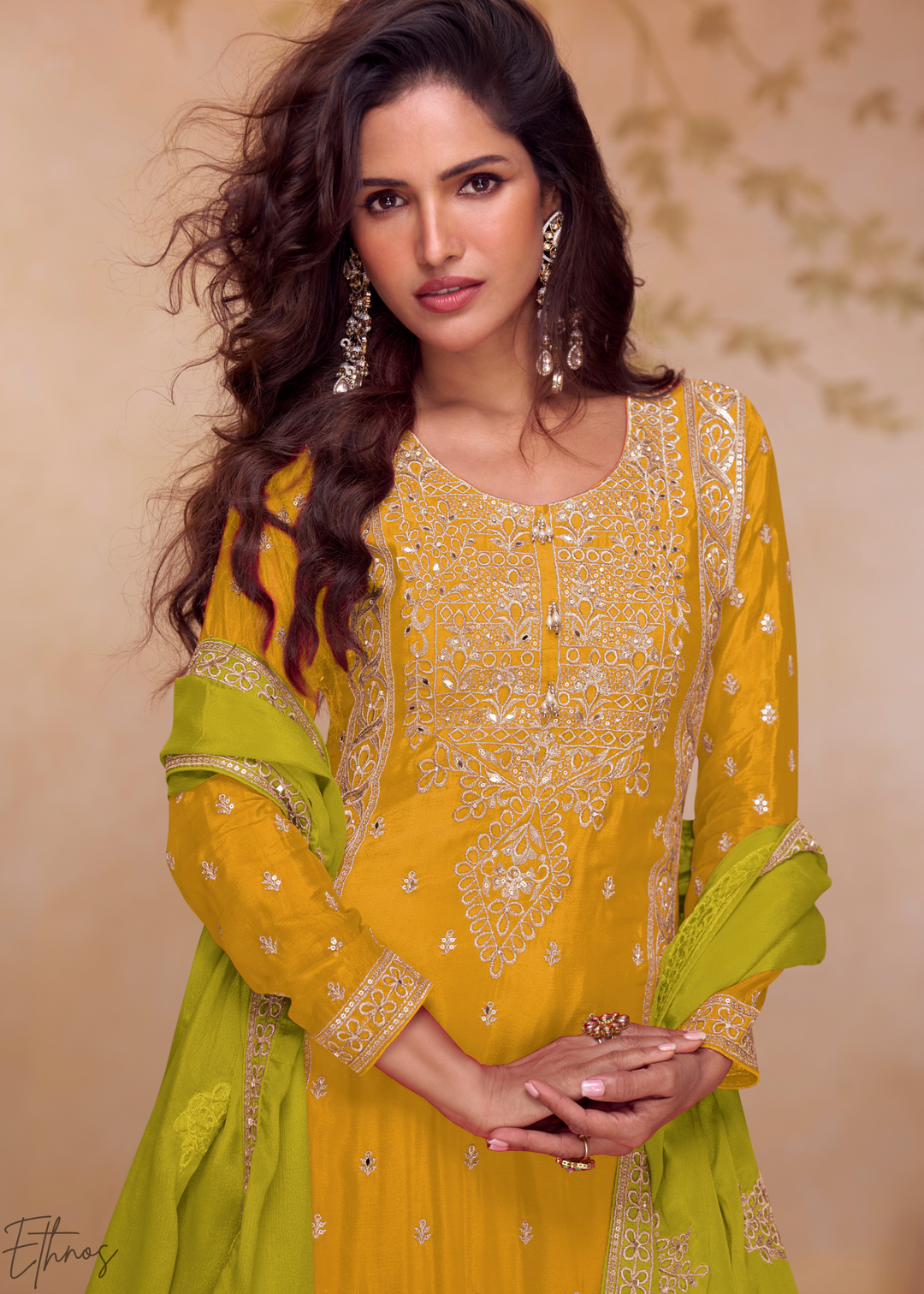Mustard Yellow & Lime Green Chinon  Plazzo Salwar Suit