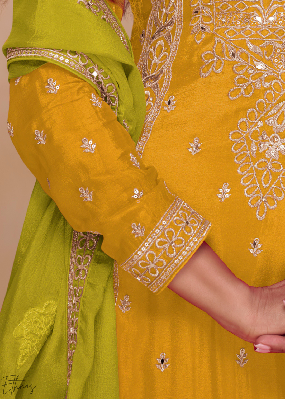 Mustard Yellow & Lime Green Chinon  Plazzo Salwar Suit