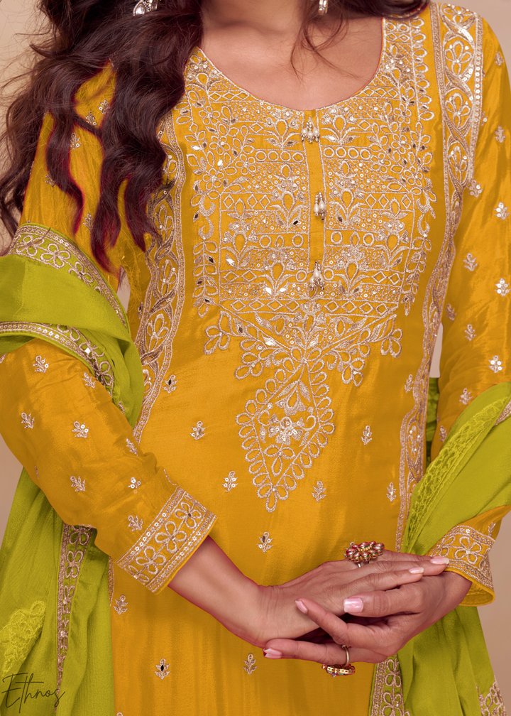 Mustard Yellow & Lime Green Chinon  Plazzo Salwar Suit