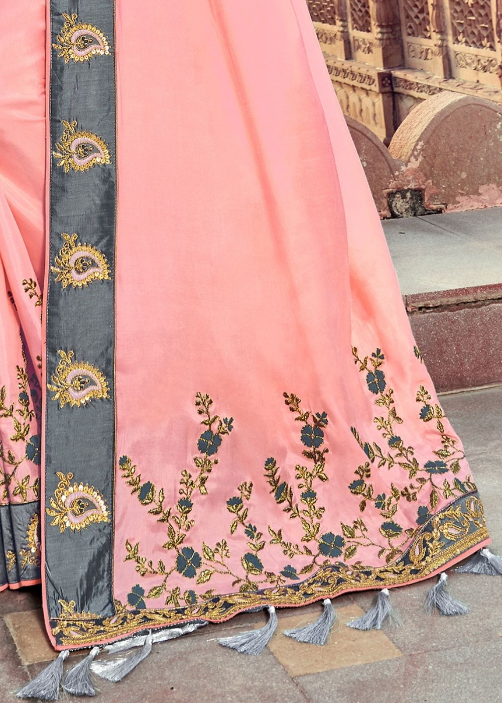 Light Pink colour Silk Saree with Thread Embroidery