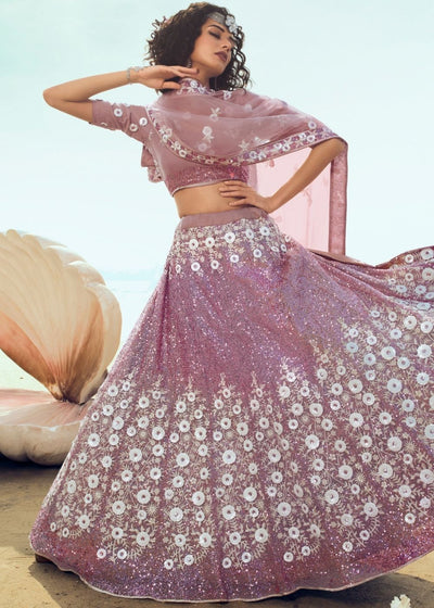 Lilac Soft Net Designer Lehenga Choli with overall Sequins and Thread work