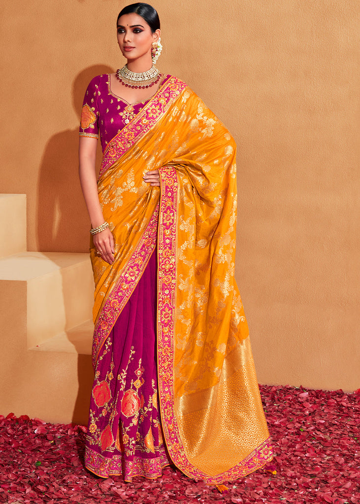 Pink & Yellow Half N Half Heavy Embroidered Banarasi Silk Saree