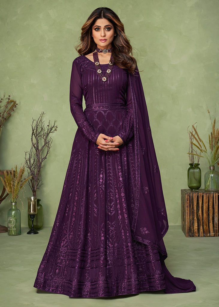 Indigo Purple Georgette Embroidered Anarkali Suit